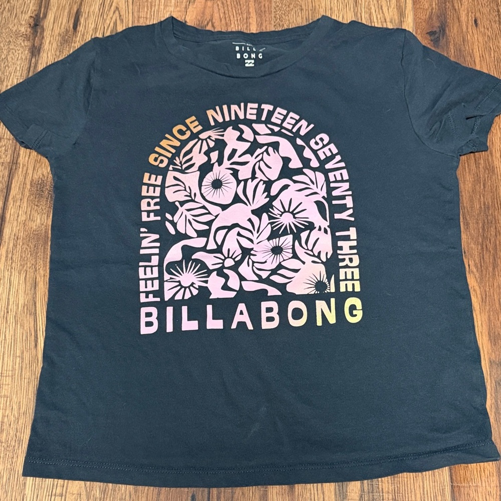 Girls Billabong Black Tee with Pink-to-Yellow Floral Arch Print